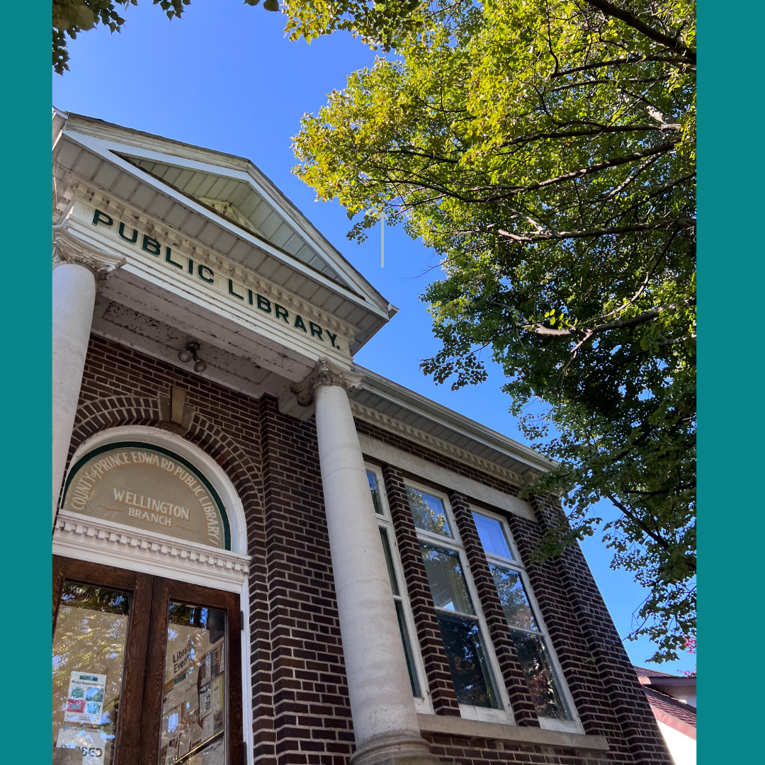 The front of the Wellington Branch Library showing a brick building with a blue sky and tree in foreground