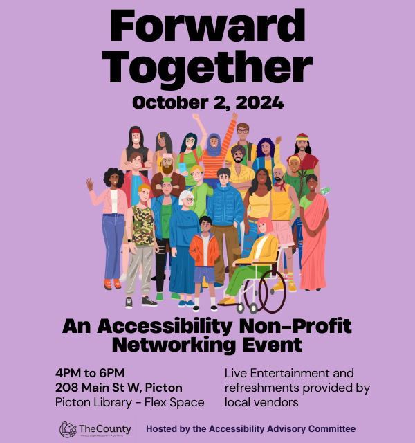 A diverse group of people surrounded by the words Forward Together October 2, 2024. An Accessibility Non-Profit Networking Event