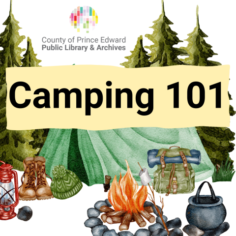 The words camping 101 over a watercolour image of tent, campfire and trees