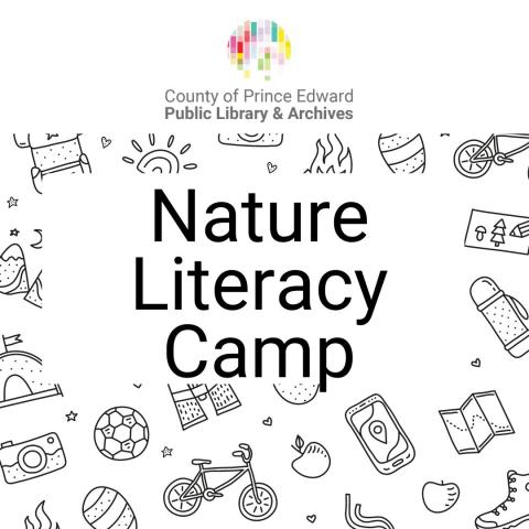 the words nature literacy camp atop illustrations of shoes and maps and a thermos.