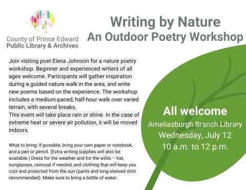 Join visiting poet Elena Johnson for a nature poetry workshop. Beginner and experienced writers of all ages welcome. Participants will gather inspiration during a guided nature walk in the area, and write new poems based on the experience. The workshop includes a medium-paced, half-hour walk over varied terrain, with several breaks. This event will take place rain or shine. In the case of extreme heat or severe air pollution, it will be moved indoors.  What to bring: If possible, bring your own paper or not