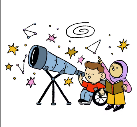 two children looking in a large telescope