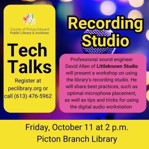  Professional sound engineer Dave Allen of Littleknown Studio will present a workshop on using the library's recording studio. He will share best practices, such as optimal microphone placement, as well as tips and tricks for using the digital audio workstation (DAW). Space is limited and registration is required.