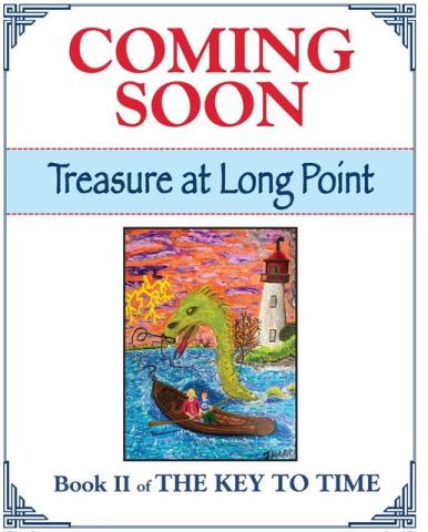 Coming Soon Treasure at Long Point showing two people in a rowboat with a sea monster and lighthouse in view