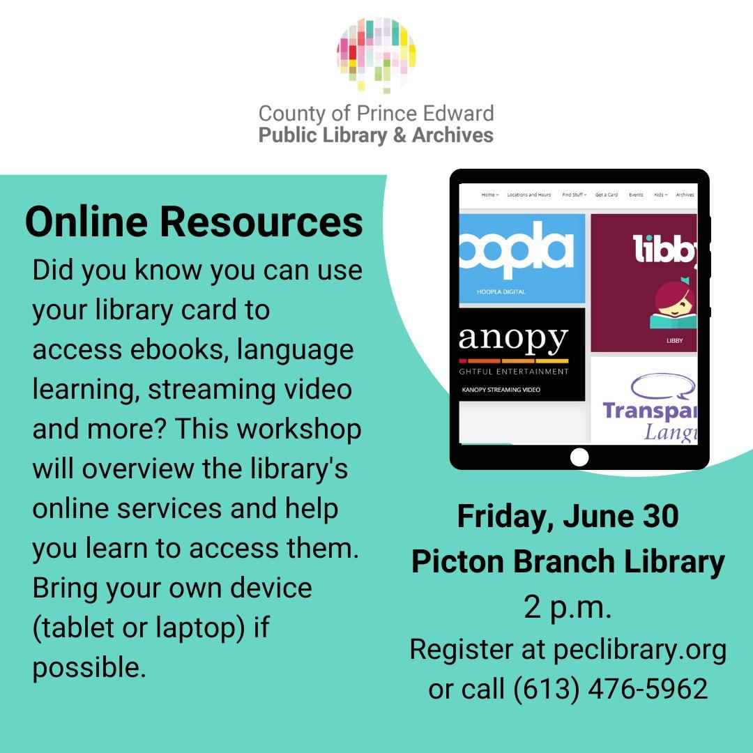 Did you know you can use your library card to access ebooks, language learning, streaming video and more? This workshop will overview the library's online services and help you learn to access them.  Bring your own device (tablet or laptop) if possible. 