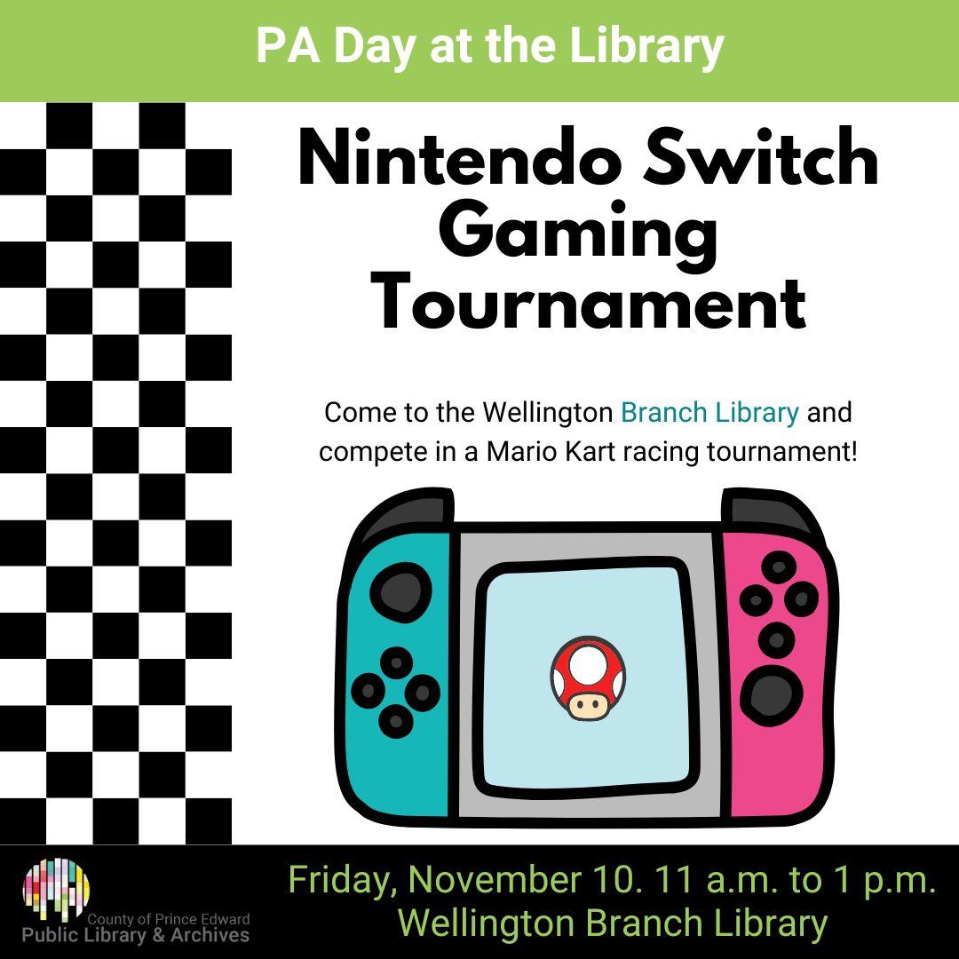 Participate in a Mario Kart racing tournament. All welcome. 4 players at a time.