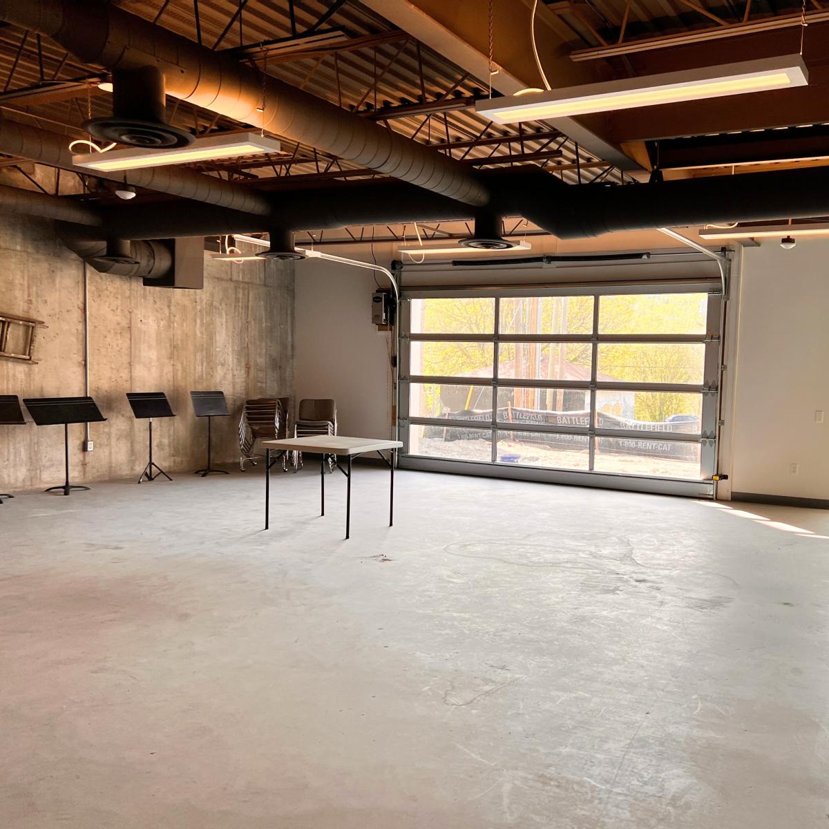 an open space with garage door window