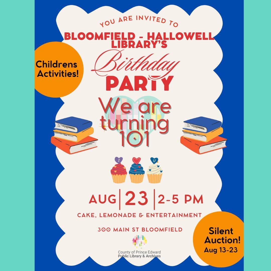 You Are Invited to Bloomfield Hallowell Library's Birthday Party - We are turning 101 with cartoon cupcakes and books